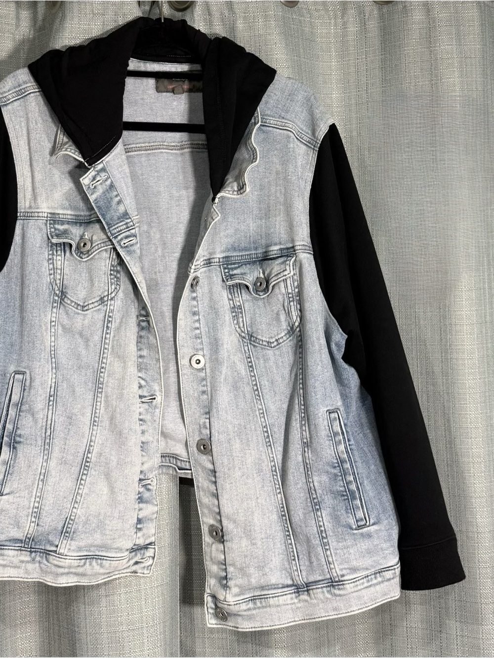 torrid Light Wash Denim Jacket with Black Hoodie Sleeves